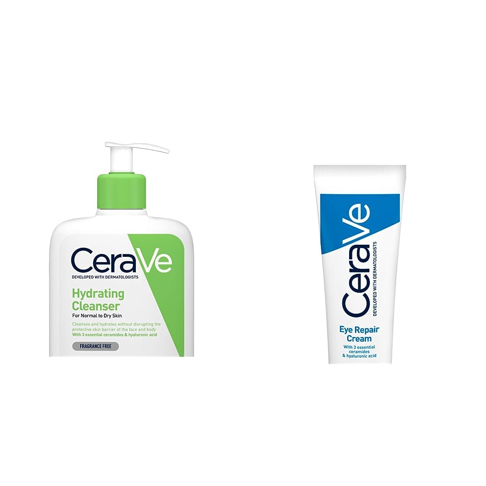CeraVe Limpiadora Hidratante |473ml| Limpiador facial diario para piel seca + Crema Reparadora para el Contorno de Ojos |14gr| Crema hidratante de ojos para bolsas y ojeras