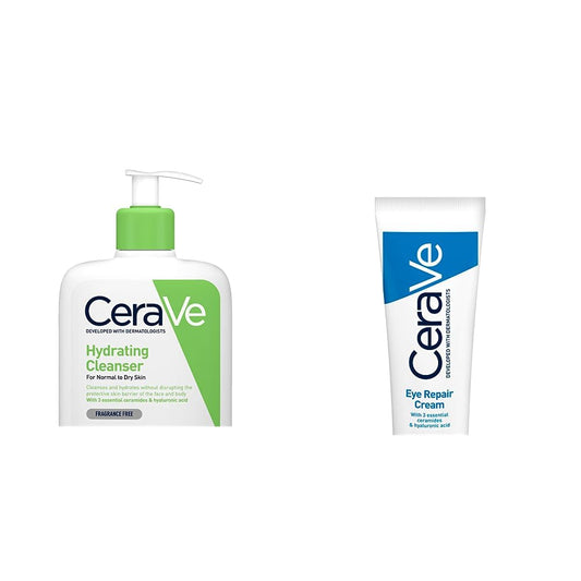 CeraVe Limpiadora Hidratante |473ml| Limpiador facial diario para piel seca + Crema Reparadora para el Contorno de Ojos |14gr| Crema hidratante de ojos para bolsas y ojeras