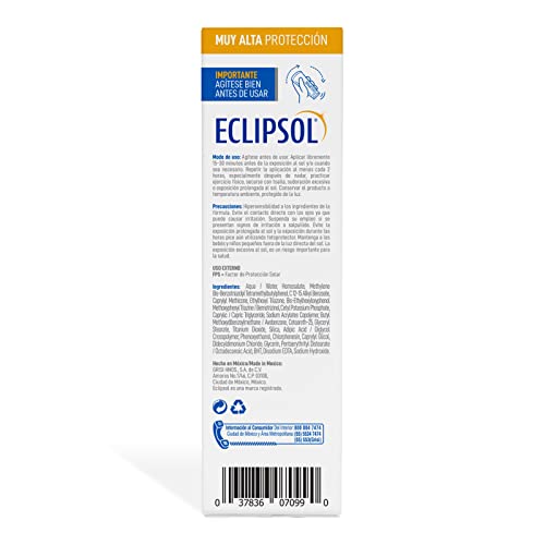 Crema Protector Solar Eclipsol FPS50+ Ultra Ligera Hipoalergénica Resistente al Agua para Toda la Familia