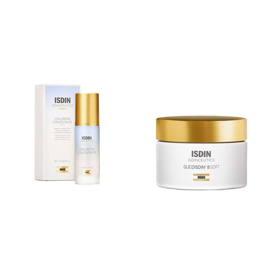 ISDIN Isdinceutics hyaluronic concentrate, serum facial ligero y ultrahidratante, con acido hialuronico - 30ml + ceutics Glico 8 Soft, Crema Facial Antiedad con Ácido Glicólico y Efecto Peeling, 50ml