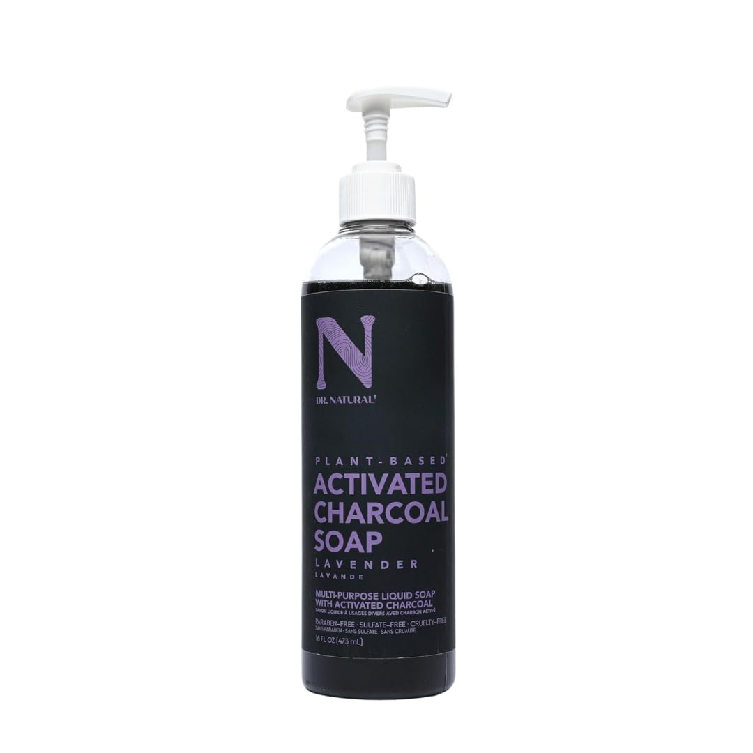 Dr. Natural Jabón Liquido Facial y para Cuerpo con Carbón Activado | Exfoliante Corporal y Facial | Natural, Vegano y Orgánico | Hecho de Plantas Con Aceite de Oliva y Coco, Manteca de Karité y Romero (473 ml, Lavanda)