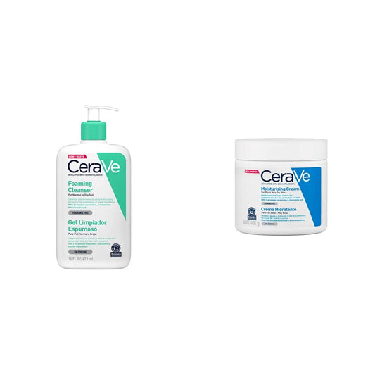 CeraVe Gel Limpiador Espumoso |473ml| Limpiador diario para piel mixta grasa o con acné | Libre de fragancia + Crema Hidratante |454gr| Hidrante diario para rostro y cuerpo para piel seca
