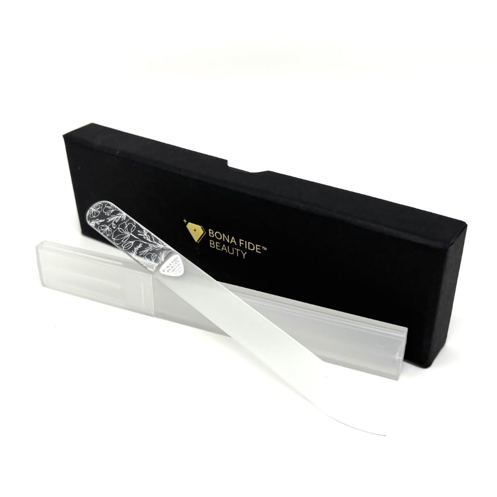 BONA FIDE BEAUTY Lima de Uñas de Cristal Checo para Uñas Naturales (Diseño Floral), Incluye Caja de Regalo Y Estuche Rígido de Viaje.