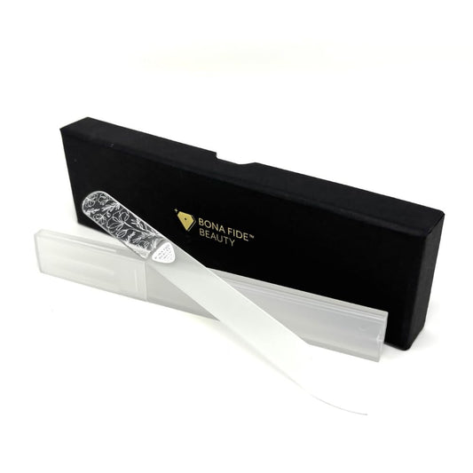 BONA FIDE BEAUTY Lima de Uñas de Cristal Checo para Uñas Naturales (Diseño Floral), Incluye Caja de Regalo Y Estuche Rígido de Viaje.