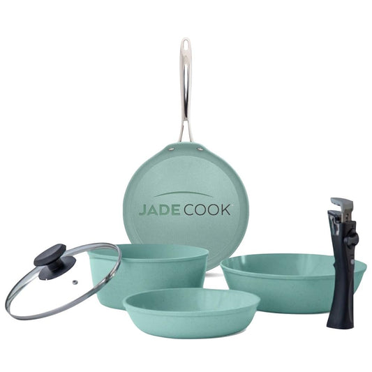 JADECOOK | Batería de cocina Jade Smart + Comal antiadherente con mango 32 cm | Batería de cocina antiadherente de 4 piezas con Mango intercambiable