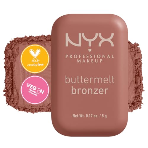 NYX Professional Makeup, Buttermelt Bronzer, Tono: Biscuit (café canela). Bronceador cremoso en polvo infusionado con manteca de karité, mango y almendras, hasta 12hrs de uso, no se desvanece, resistente a transferencias. Fórmula vegana.