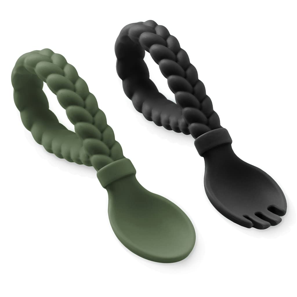 Itzy Ritzy Silicone Spoon & Fork Set; Baby Utensil Set Features A Fork and Spoon with Looped, Braided Handles; Made of 100% Food Grade Silicone & BPA-Free; Ages 6 Months and Up, Camo and Midnight