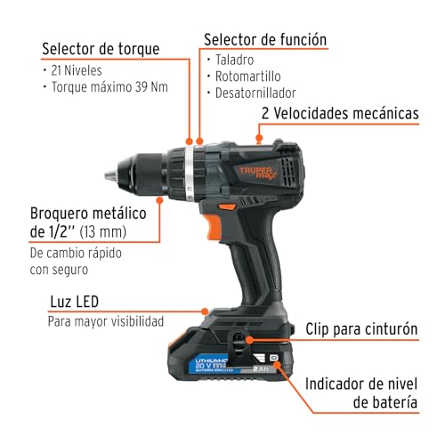 Truper Max MAX-20R, Rotomartillo inalámbrico 1/2", motor libre de carbones (brushless), con 2 baterías Ion Litio 2 Ah y maleta de 14", 20 V
