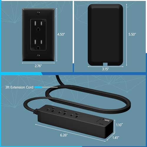 LIDER Extensor de salida con 3 receptáculos, 12 W USB tipo A y USB tipo C, puerto USB, enchufe ultrafino de placa de pared con extensor de cable, tira de alimentación de 3 tomas, cara plana, cable de
