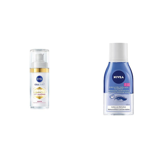 NIVEA Cellular LUMINOUS630 Anti-manchas Serum Facial Aclarador de Piel (30 ml), Crema Facial Enriquecida Con Ácido Hialurónico + Desmaquillante facial Bifásico de Ojos (125 ml)