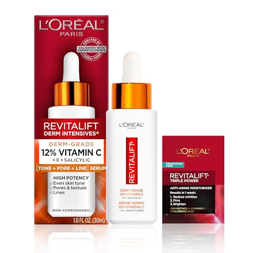 L'Oreal Paris Revitalift Vitamin C Serum with Vitamin E & Salicylic Acid, Moisturizing, Smoothing & Brightening, Non Greasy, Combats Early Signs of Aging + Sample