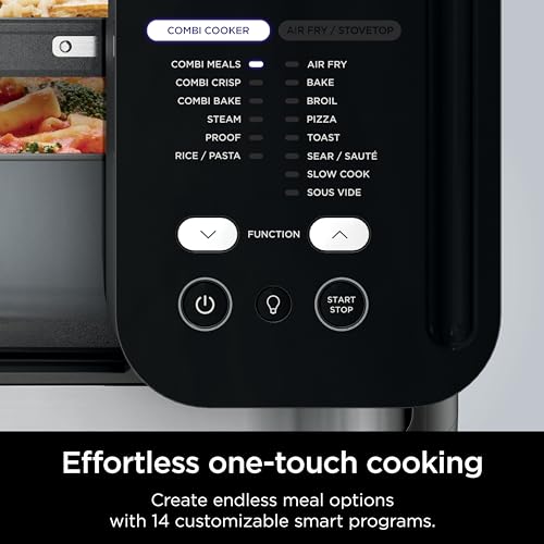 Ninja Combi Multicocina, horno y freidora de aire, comidas completas en 15 minutos, funciones 14 en 1, cocina combinada + freír al aire, hornear, asar, cocción lenta y más, 3 accesorios, acero