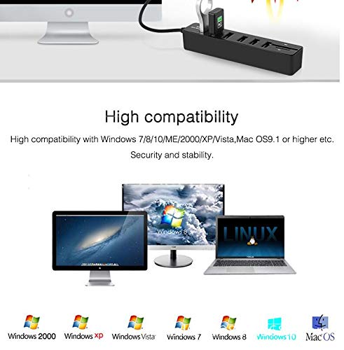 CARYWON Hub USB, Adaptador Extensión USB con 6 Puertos USB 2.0, Lector de Tarjetas SD/TF, 8 en 1 Puerto Portátil USB 2.0 para Macbook Air, iMac, Windows Surface, Ultrabook y Otro Laptop o PC, Negro