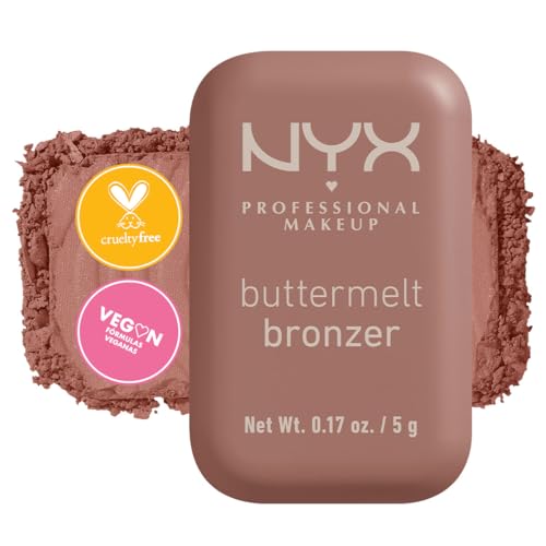 NYX Professional Makeup, Buttermelt Bronzer, Tono: All Butta D Up (café cacao). Bronceador cremoso en polvo infusionado con manteca de karité, mango y almendras, hasta 12hrs de uso, no se desvanece, resistente a transferencias. Fórmula vegana.
