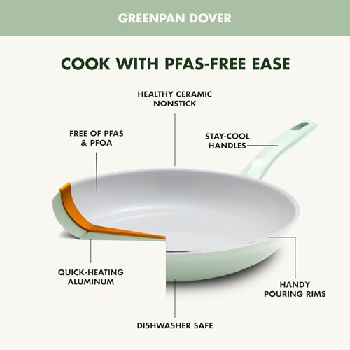 GreenPan Dover Healthy Ceramic antiadherente, juego de 12 ollas y sartenes de cocina, sin PFAS, apto para lavaplatos, mango cómodo, verde pastel