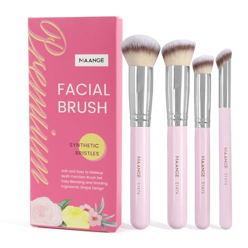 MAANGE Set de Brochas de Maquillaje 4 Piezas Brochas de Maquillaje Profesional Brocha para Base de Maquillaje con Caja de Regalo(Rosado)