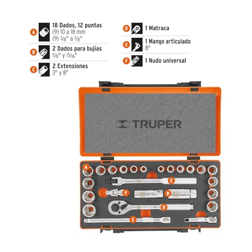 Juego de Autoclé Truper JD-3/8X26MP Mixto de 26 Piezas 3/8 Pulgadas