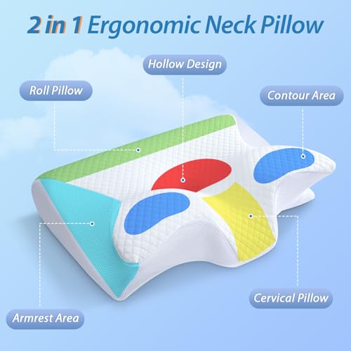HOMCA Almohada cervical ortopédica de espuma viscoelástica 2 en 1, almohada ergonómica para espalda, de lado y boca abajo, 60 x 13/11 x 40 cm