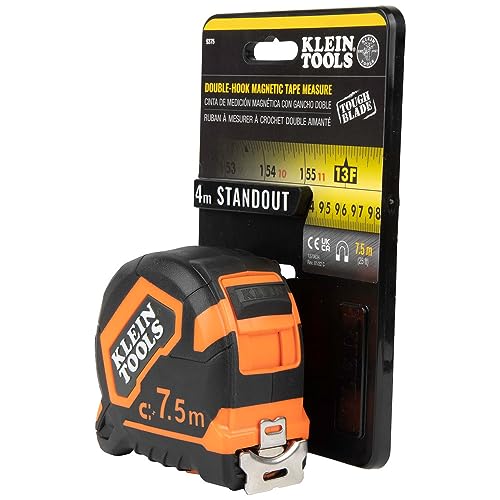 KLEIN TOOLS 9375 | Flexómetro magnético de doble gancho y doble cara| Revestimiento de nylon duradero| Medición SAE y métrica| Flexometro| Cinta metrica| 7.5m | Freno de velocidad y clip para cinturón