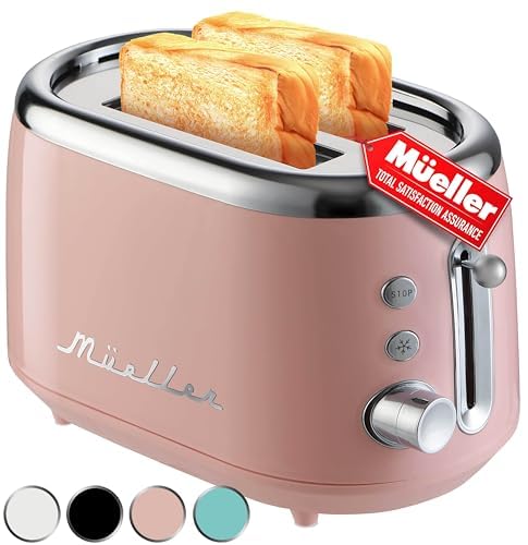 MÜELLERHOME tostador retro de 2 rebanadas, 7 niveles de dorado, 3 funciones (recalentar, descongelar, cancelar), bandeja extraíble para migas, almacenamiento de cable debajo de la base, decoración de