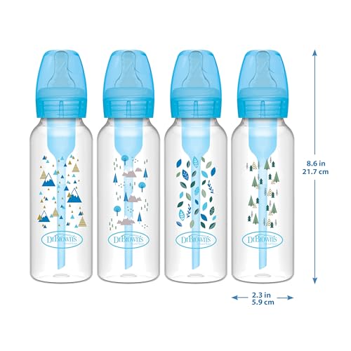 Dr. Brown's Opciones anticólicos + biberones estrechos, 0 m+ nivel 1 pezón – botella para reducir los cólicos, paquete de 4, 8 onzas, diseños Blue Nature