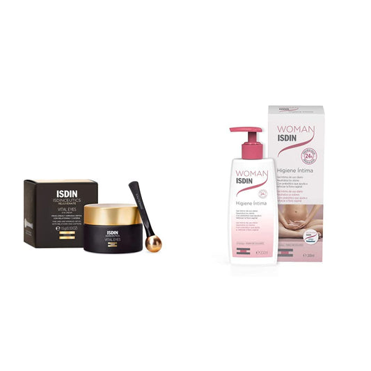 ISDIN Isdinceutics vital eyes, crema contorno de ojos antiarrugas, con melatonina y cafeina, 15 ml + Woman Higiene Intima, Gel de baño higiene íntima de uso diario, Ayuda a prevenir 200ml