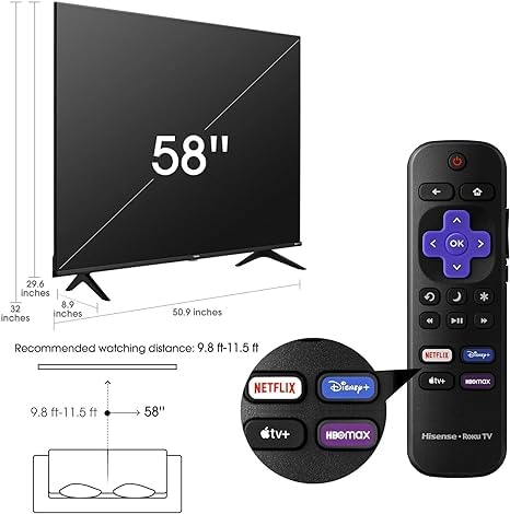 Hisense Smart TV 58 Pulgadas Class 4K UHD LED LCD Roku TV HDR R6 Series 58R6E3 (Sin Bases para Mesa) Mas Soporte de Pared