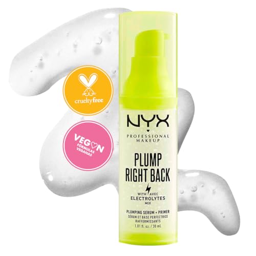 NYX Professional Makeup, Primer de maquillaje + Serum Plump Right Back, 30ml. Prebase hidratante que tonifica y revitaliza la piel, infusionada con electrolitos y ácido hialurónico, extiende hasta 24H la duración de tu maquillaje, base agua