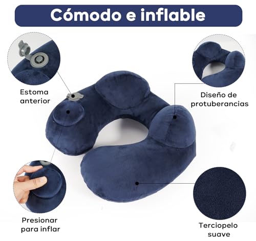 Almohada de Viaje 4 en 1, Almohada de Cuello,Almohada Avion Viaje Inflable con Máscara de Ojos,Tapones para Los Oídos Ruidosos,Bolsa con Cordón, Soporte de Cuello,para Avión,Oficina, Automóviles,Hogar