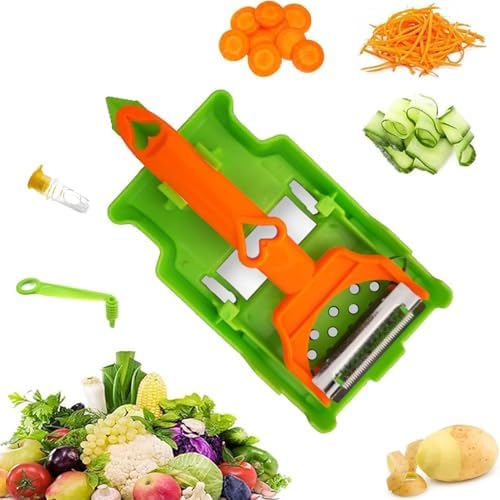 Cocororo Pelador, pelador de frutas y verduras, doble cuchilla multifuncional, tiras de juliana para patata, naranja, limón, con exprimidor de limón y espiral de papa (1 juego)