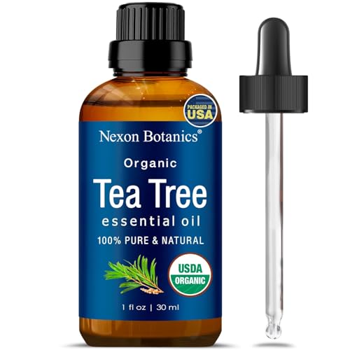 Nexon Botanics Aceite de árbol de té orgánico 30 ml – Certificado USDA, puro, natural sin diluir grado terapéutico aceite esencial para cabello, cara, piel, acné y cuero cabelludo – Melaleuca Alternifolia Oils