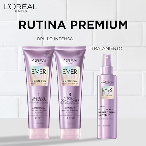 L'Oréal Paris Shampoo con Ph balanceado Ever Pure Glossing controla aporta brillo intenso para todo tipo de pelo teñido Sin Sulfatos, 250ml