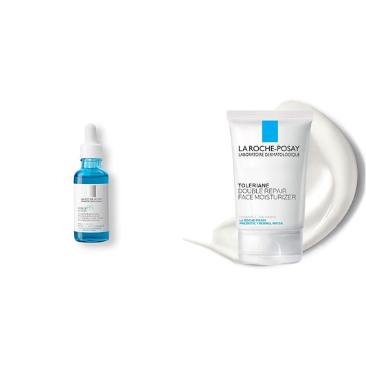 La Roche Posay Hyalu B5 Serum Facial de Acido Hialuronico con Vitamina B5 Puro. Suero Concentrado Antiarrugas, 30 ml + Humectante facial Toleriane Reparación Doble, 2.5 onzas líquidas Oz.