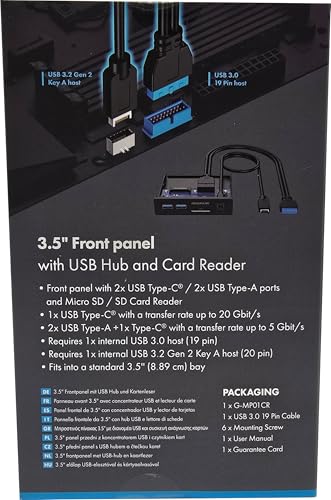 GRAUGEAR Hub USB de panel frontal de 3.5 pulgadas con lector de tarjetas interno, USB 3.2 Gen2 USB-C, puertos USB 3.0, ranuras para tarjetas SD MicroSD/TF, cabezal de llave A de 20 pines y conexión de alimentación SATA, bahía de 3.5 pulgadas [G-MP01CR]