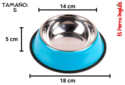 El Perro Inglés Plato de Acero Inoxidable para Mascotas, Diferentes Colores, Excelente Calidad. (Azul, S (16 oz))