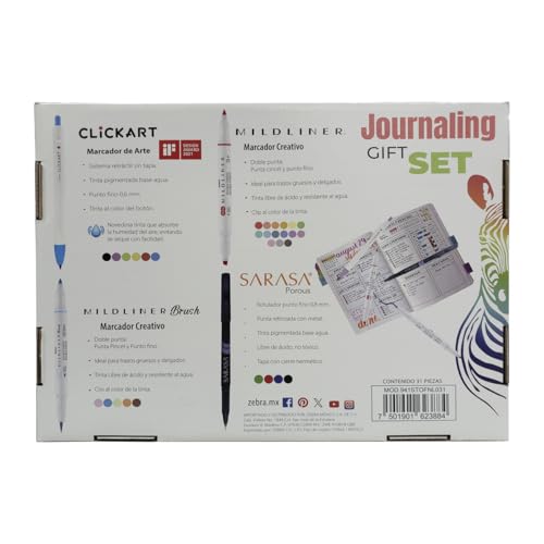 Set de Diario y Plumones Zebra Escritura y Creatividad Incluye Marcadores Retráctiles ClickArt 4 Rotuladores Sarasa 5, Marcadores Mildliner Brush,15 Marcadores Mildliner Punta Fina y Punta Cincel