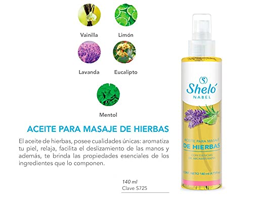 Sheló NABEL Aceite Para Masaje De Hierbas, Aromaterapia, Anti Estrés, con esencias de Vainilla, Limón, Lavanda, Eucalipto y Mentol, 140.0 mililitro, 1 item
