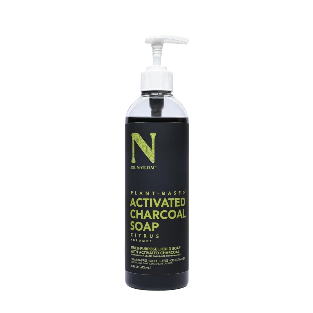 Dr. Natural Jabón Liquido Facial y para Cuerpo con Carbón Activado | Exfoliante Corporal y Facial | Natural, Vegano y Orgánico | Hecho de Plantas Con Aceite de Oliva y Coco, Manteca de Karité y Romero (473 ml, Cítricos)