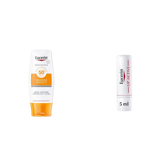 Eucerin Protector Solar FPS 50+, Sensitive Protect, 150 ml + Ph5 Bálsamo labial Protector de Labios FPS 20, 4.8 gramos