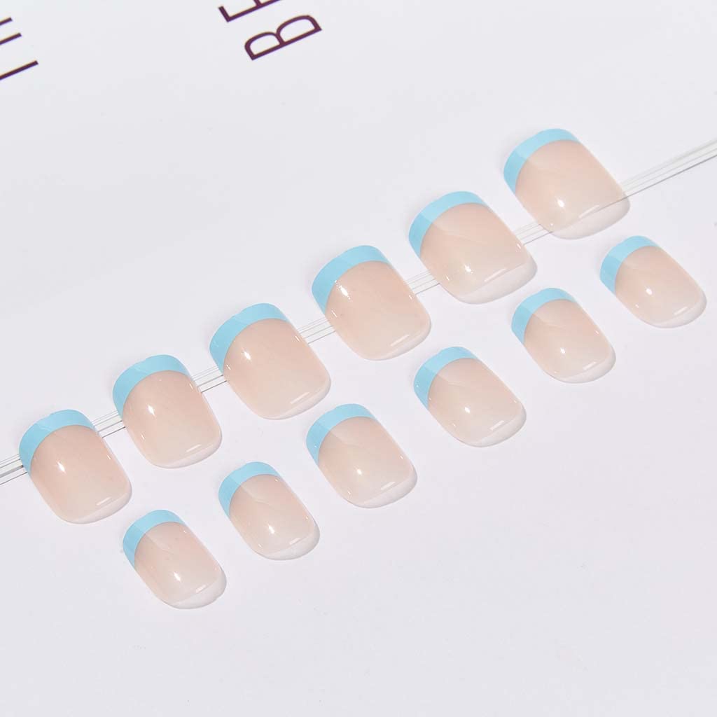 RikView Uñas a presión con punta francesa, uñas ovaladas, uñas postizas brillantes, uñas postizas con diseño de cubierta completa (azul)