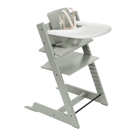 Stokke - Silla alta Tripp Trapp Cojín + Bandeja Stokke (Blanco) - Incluye Silla + Set de Bebé con Arnés Extraíble para Niños de 6 a 36 Meses (Glaciar Green)