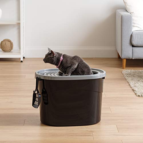 IRIS USA Arenero ovalado para gatos con entrada superior y pala, arenero para gatitos, caja de arena para gatos, grande, Negro/Gris
