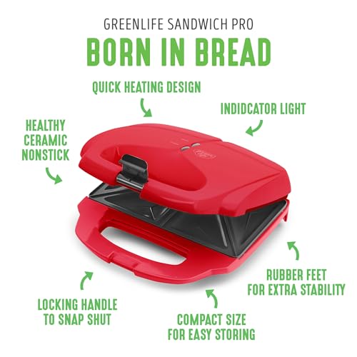 GreenLife Pro - Parrilla eléctrica Panini Press y sandwichera, placas antiadherentes de cerámica saludables, luz indicadora fácil, sin PFAS, rojo