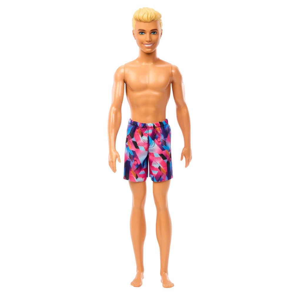 Barbie Fashion & Beauty Muñeco Ken de Playa con Traje de Baño Rosa y Azul para niñas de 3 años en adelante