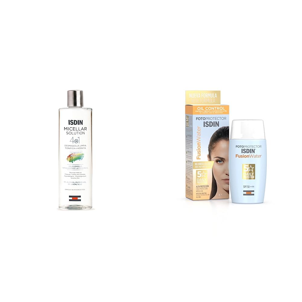 ISDIN Micellar Solution 4 en 1 Agua Micelar: Limpia, Desmaquilla, Hidrata y Tonifica, 400ml + Fotoprotector Fusion Water SPF 50, Textura ultra ligera, 50 ml