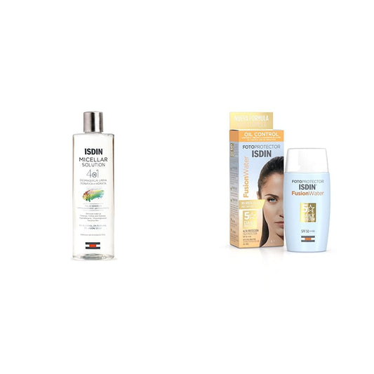 ISDIN Micellar Solution 4 en 1 Agua Micelar: Limpia, Desmaquilla, Hidrata y Tonifica, 400ml + Fotoprotector Fusion Water SPF 50, Textura ultra ligera, 50 ml