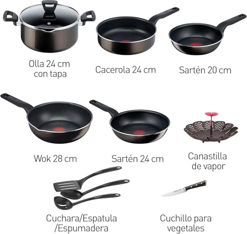 Batería de Cocina T-fal XL Force Negro con Antiadhesivo Titanium 2X y Tecnología Thermo-Señal