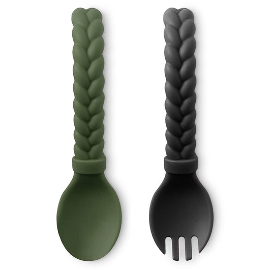 Itzy Ritzy Silicone Spoon & Fork Set; Baby Utensil Set Features A Fork and Spoon with Looped, Braided Handles; Made of 100% Food Grade Silicone & BPA-Free; Ages 6 Months and Up, Camo and Midnight