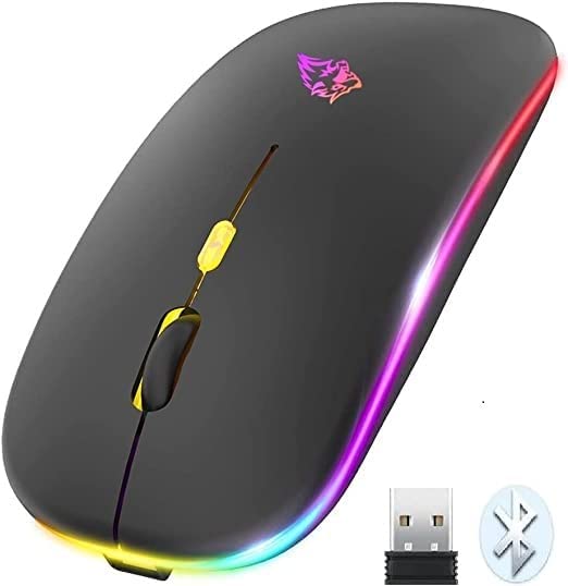 Free wolf X15 Mouse Inalámbrico, Mouse Bluetooth y 2.4GHz Modos Dual Recargable y Ergonómico, Mouse con Luz, con Receptor USB 3 Ajustable dpi Ratón para Computadora, Portátil, PC, Mac (Negro Mate)