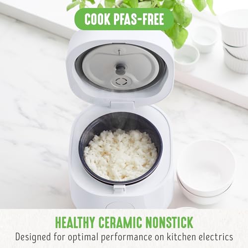 GreenLife - Olla digital de arroz y frijoles, 2 tazas sin cocinar/4 tazas cocidas, olla extraíble de cerámica antiadherente sin PFAS, preestablecidos de un solo toque, avena, quinua, arroz integral